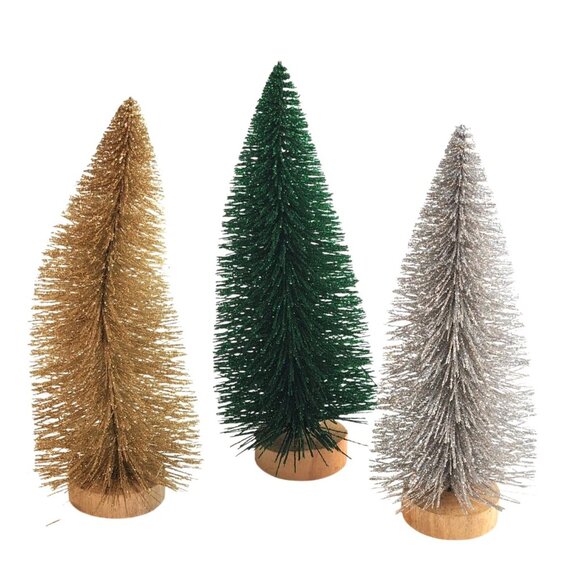 Bottle Brush Trees In Gold Green & Silver Set Of 3, 8"  With Wooden Base For Ho - Picture 5 of 10